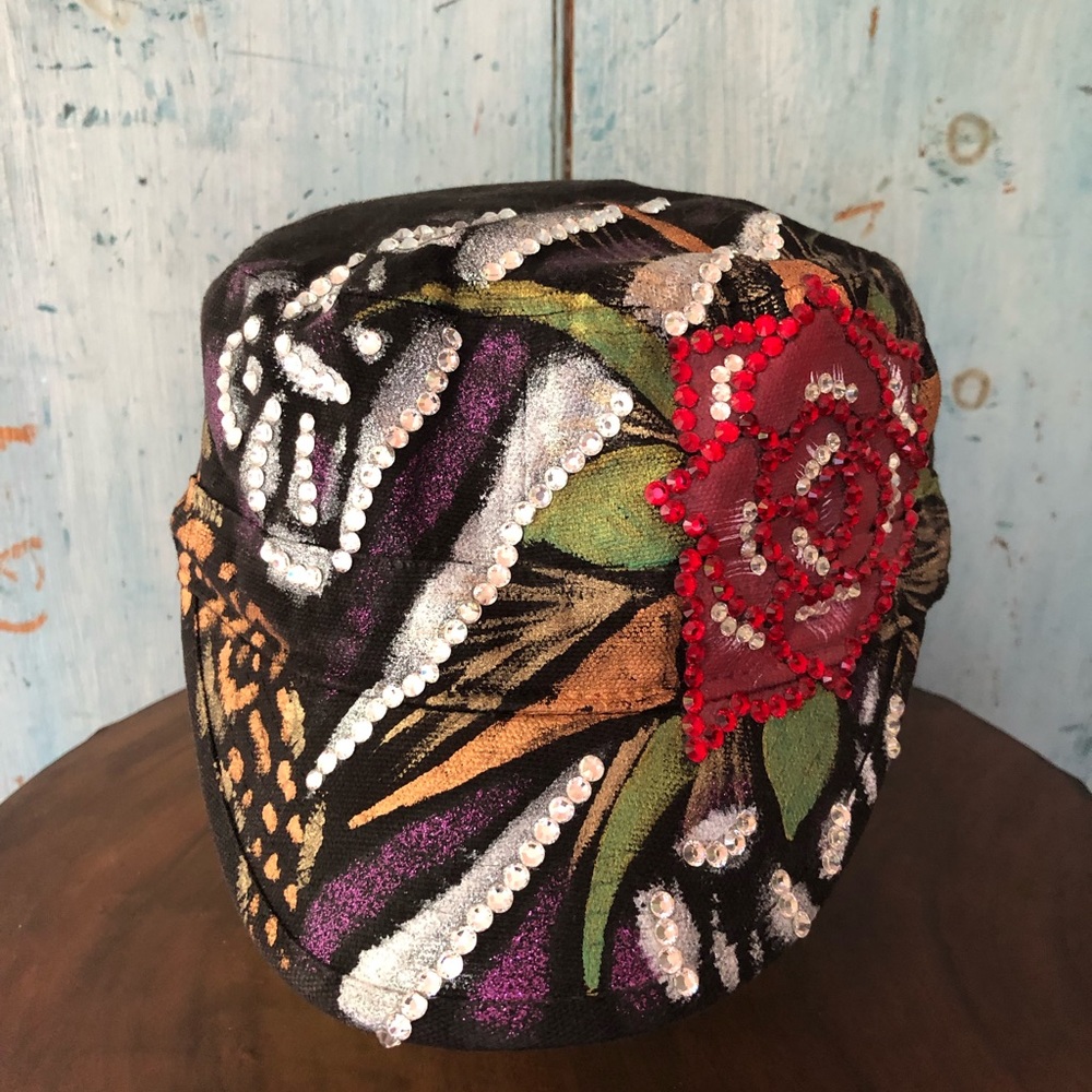 Trucker hat embellished with metallic paint, crystals, and beads - adjustable - Picture 9 of 15